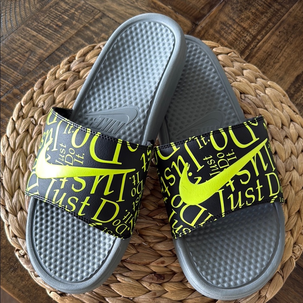 Nike Mens Slide Sandals - Gray and Neon Yellow